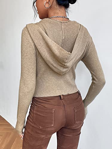 Verdusa Women's Full Zip Long Sleeve Hooded Crop Cardigan Sweater Khaki M #TOP1