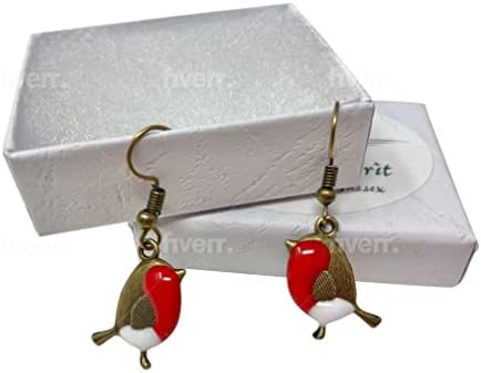 British Bird Earrings Resin enamelled dangle earrings shepherd hook ear wires in gift box (Robin)