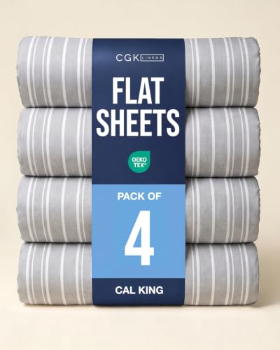 Cal King Size Flat Sheet - Pack of 4 Top Flat Bed Sheet Only - Grey Stripes