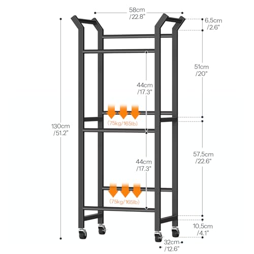 HOOBRO Getränkekistenregal für 3 Kisten, Getränkeregal mit 4 Rollen (2 Feststellbar), Kistenregal, 75 kg Belastbar pro Ablage, Metallrahmen, für Küche, Esszimmer, Wohnzimmer, Schwarz EBK206CJ01
