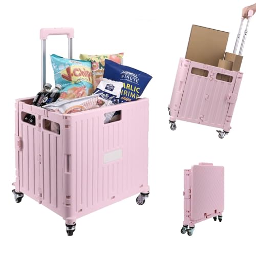 35 KG Folding Shopping Trolley with Lid | Collapsible Utility Cart for Storage, Laundry, Sports & Crafts | Portable Boot Cart Box with Telescopic Handle | Multipurpose Rolling Organiser (Pink)
