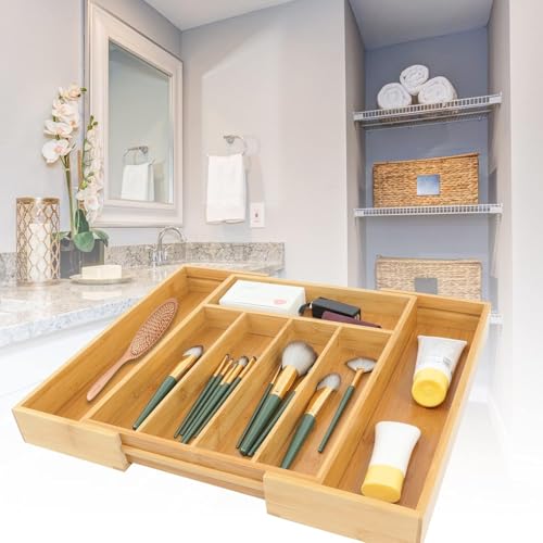 Image of Zollyss Expandable Bamboo Drawer Organizer for Kitchen, Adjustable Cutlery Tray, Expandable Utensil Organizer for Kitchen Drawer (5 Pc Bamboo Drawer Organiser)
