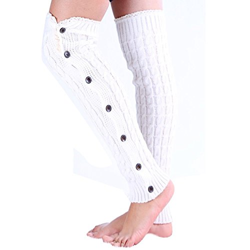 Fletion  Botas Calcetines Invierno Caliente calentadores de la pierna suave rodilla calcetines botón abajo de grosor Twist de punto calentadores calcetines para cubierta con encaje trimleggings botas calcetines, color blanco, tamaño talla única