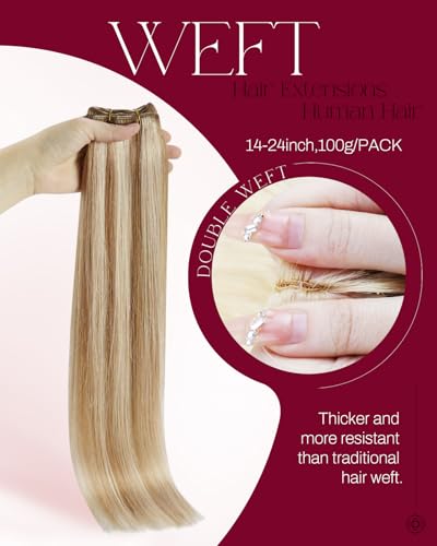 Image of Moresoo Sew in Hair Extensions, Highlights Brown with Blonde, 16 Inch 100g | Smooth real human hair adds dimensional movement, suited to city outings, fashion events and casual weekend styling