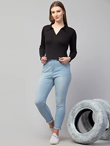 Image of Ribbed Polo Collar Full Sleeves Tops for Women