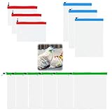 Funver 12 Pcs Reusable Mesh Storage Bags with Drawstring, Eco-Friendly See Through Washable Organizer Bags, Net Bags for Toys Fruits Vegetables Grocery in 3 Various Sizes (Green, Blue, Red)