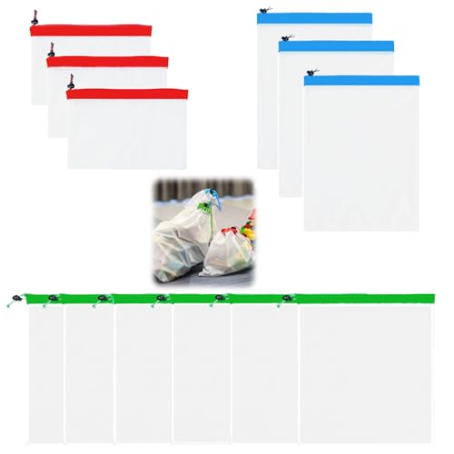 Funver 12 Pcs Reusable Mesh Storage Bags with Drawstring, Eco-Friendly See Through Washable Organizer Bags for Toys Fruits Vegetables Grocery in 3 Various Sizes (Green, Blue, Red)