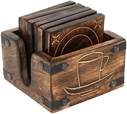 Ajuny 6 Hand Carved Wooden Burnt Wood Style Coasters And Holder Set