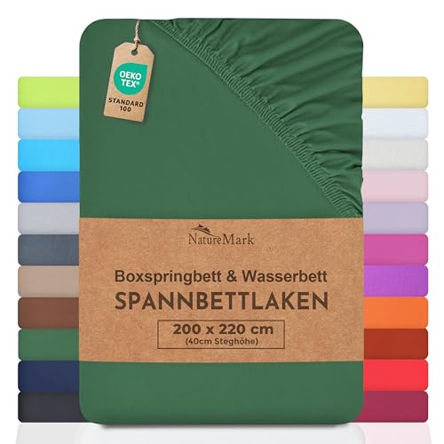 NatureMark Basic Boxspringbett & Wasserbett Spannbettlaken 200 x 220 cm - 40 cm Steghöhe - 200x220cm Spannbetttuch - 100% Baumwolle, Dunkel grün