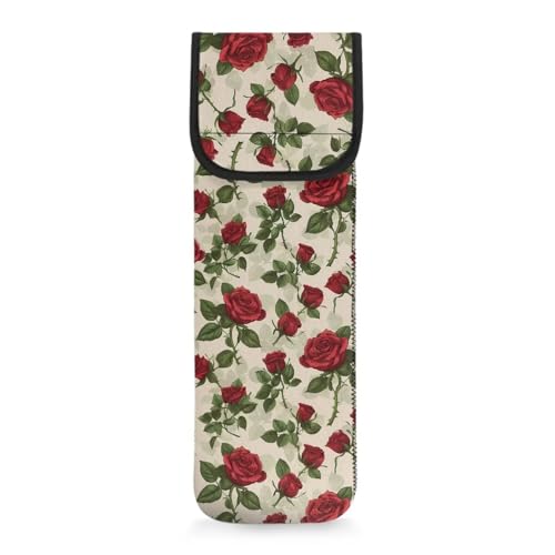 Wiryuouvt Red Roses Curling Iron Storage Bag Green Leaf Curling Iron Covers for Travel Curling Iron Bag Heat Resistant Travel Heat Resistant Holder for Curling Iron Straightener Holder Bag