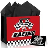 Innovoscape Racing Theme Gift Bag for Boys Large Red and Black Race Car Birthday Gift Bag with Wrapping Paper and Greeting Card Checkered Flags Speed Party Decorations for Kids Teens Men
