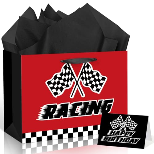 Innovoscape Racing Theme Gift Bag for Boys Large Red and Black Race Car Birthday Gift Bag with Wrapping Paper and Greeting Card Checkered Flags Speed Party Decorations for Kids Teens Men