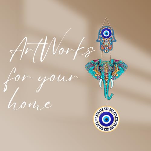Image of DAKSHESTRY ARTWORKS Evil Eye Wall Hanging | Nazar Protection Hanging with Elephant & Hamsa Hand | Boho Spiritual Home Decor | Ready to Hang Decorative Wall Accent (ewh)