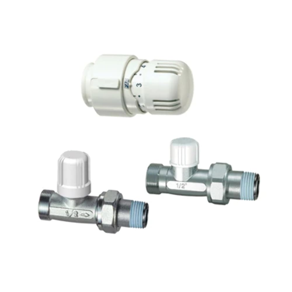 Kit valve + détenteur droit + tête thermostatique raccord cuivre 1/2