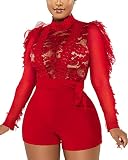 MKQW Women's Sexy Lace Jumpsuit Casual Sheer Mesh Ruffle Long Sleeve Round Neck Top Short Romper Clubwear Red L