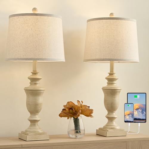 SAIWEYA 27.5" Vintage Farmhouse Table Lamps Set of 2 Bedside Lamp, 3 Way Dimmable Bedroom Lamps with 2 USB Ports +AC Outlet Nightstand Lamp Rustic Lamp