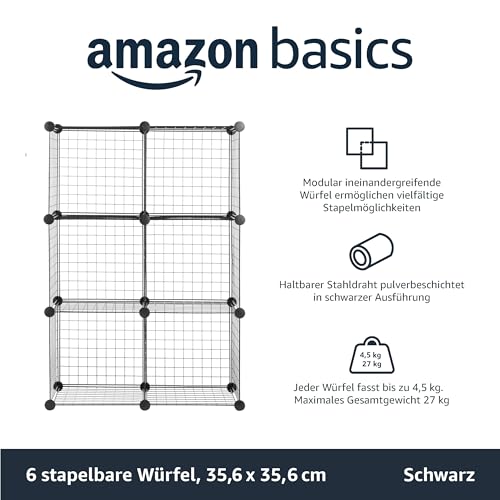 Amazon Basics 6 Stück Würfelregal aus Metall - Maximale Tragfähigkeit des Regals 27 kg, Schwarz, 77.0 x 37.0 x 113.0 cm (L x W x H)