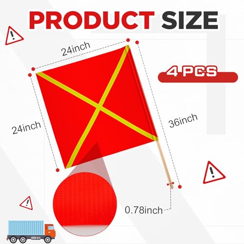 Image of Kinlop 4 Pcs 24 inch x 24 inch Safety Flag Traffic Warning Flag with 35'' Wooden Dowel for Trucks Trailer and Pedestrian Crossings Construction Sites (Trendy)