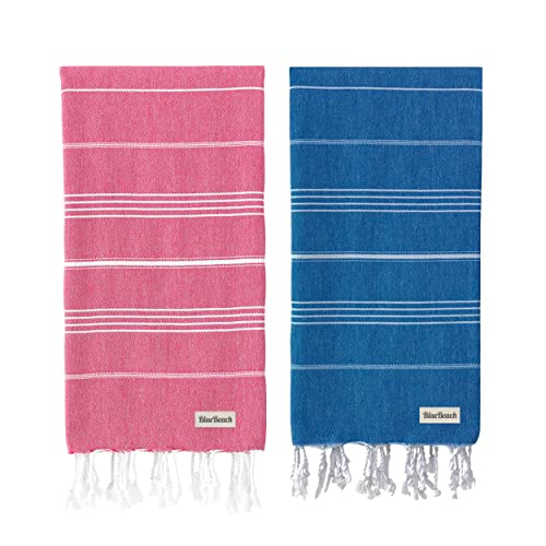 Blue Beach Turkish Towel - Juego de 2 toallas turcas grandes de 100 x 180 cm, superabsorbentes, de secado rápido, ligeras, compactas para natación, baño, gimnasio y viajes (azul + fucsia)