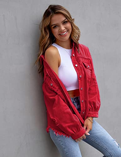 Perbai Womens Oversized Ripped Denim Jacket Frayed Hem Button Front Boyfriend Jean Coat Western Shacket with Pockets3