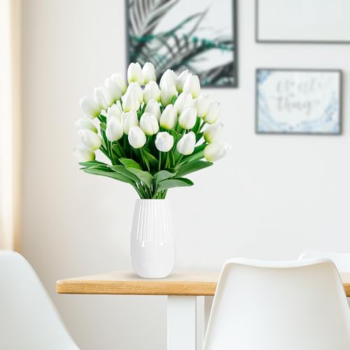 Image of Sggvecsy 30 Pcs Fake Tulips Artificial Flowers Real Touch PU Faux Flowers Tulip Stems for Wedding Spring Bouquet Floral Arrangement Home Party Office Decorations for Mother's Day (Green White)