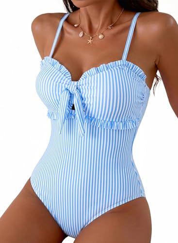 Herseas Womens One Piece Swimsuit Tummy Control Cutout High Waisted Bathing Suit Knotted Front Swim Suit Ruffled Slimming Swimwear Modest Cruise Essentials Sky Blue Stripe 2026 Small