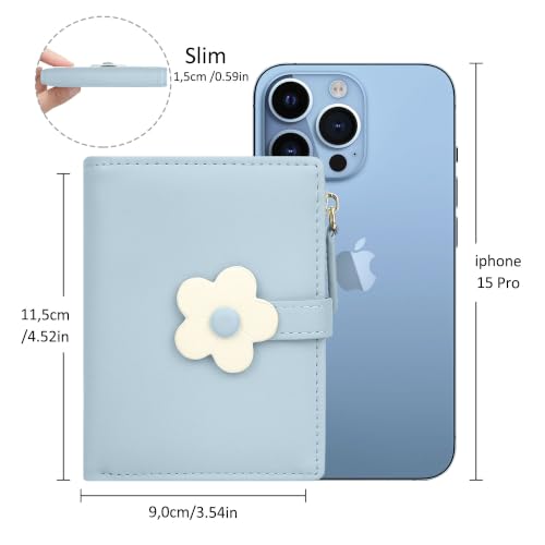 Image of Small Womens Wallet, Cute Bifold RFID Blocking Vegan Wallet for Teen Girls Ladies with Zipper Coin Pocket (Blue,Flower)