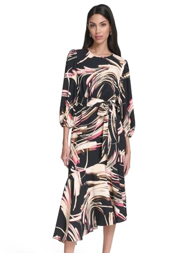 halston midi dress Women's Long Sleeve Printed Belted with Ruffle Hem, Black/Sorbet, 2 at Amazon Women's Clothing store Size:12 (M) Soft celadon color meets parent-type-dresses Peach Satin Bridesmaid Dresses