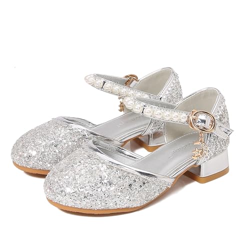 Monissy Zapatos Princesa Niños Tacones Niña Diseño Perlas Brillantes Sofisticado y Elegante Cómodo y Antideslizante Celebraciones Festivas Combínalo Víspera Todos Santos Regalos Navidad,Plateado,36