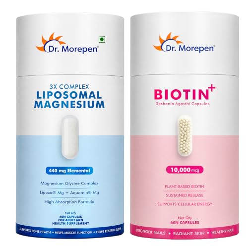 Image of Dr. Morepen Liposomal Magnesium Complex 440mg with Aquamin, Magnesium Glycinate, Vitamin D2, K2-7, B6 & B12 + Biotin+ 10,000 mcg with Pure Sesbania Agasthi Extract | Hair, Skin & Nails Wellness Combo