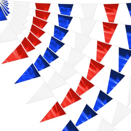Image of 65FT White Blue Red Glitter Triangle Pennant Banner Flag Metallic Bunting Fabric Garland for Christmas Graduation, Independence Day, 4th of july, Patriotic Themed Party Decoration