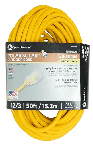 Southwire Polar Solar Extension Cord - Cold Weather Flexibility & Rugged Durability - SJEOOW Jacket - UL Listed - Oil & Chemical Resistant - 12/3 Gauge - 50 Foot - Yellow Outdoor Cord