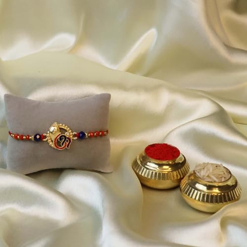 Image of Oblivion Ganesha and Floral Bloom Rakhi Set of 2 for Brother with Silver Colour Pooja Coin, Tilak Set and Greeting Card for Raksha Bandhan Celebration