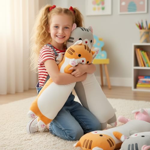 Image of Long Cat Plush Pillow, Cute Cat Stuffed Animal Body Pillow with Wings, Soft Kawaii Kitty Hugging Pillow, Christmas Valentine's Birthday Gift for Kids Girls Boys (Yellow, 60cm /23.62in)