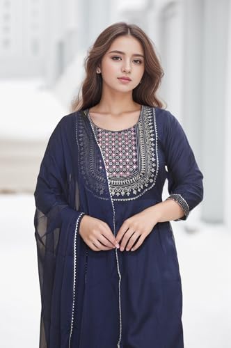 Image of Women Rayon Embroidered Kurta with Pant and Dupatta Set