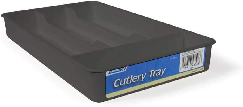 Camco 43504 RV Adjustable Cutlery Tray, Black - Easily Organize and Store Your Kitchen Flatware - Create a Custom Fit to Your Drawer