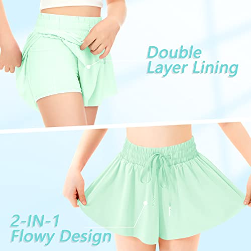 Girls Flowy Shorts Butterfly Shorts With Pocket 2-In-1 Athletic Shorts Running Shorts For Girls Kids Active Workout Sports (Light Green,Medium) #TOP3