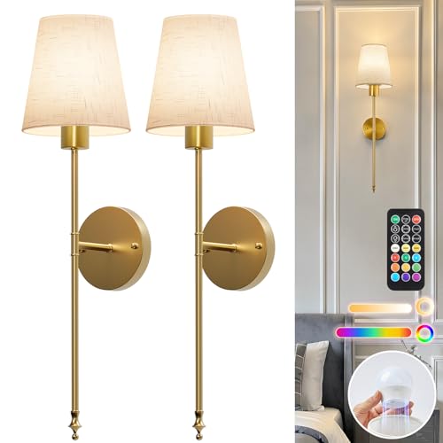 Image of Brightown Battery Operated Wall Sconces Set of Two,Linen Sconces Wall Decor | RGBWW Rechargeable Wall Lights with Dimmable Magnetic Bulbs & Remote, Wireless Wall Lamp for Living Room Bedroom Hallway
