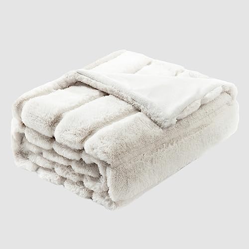 Cozy Bliss Luxury Super Soft Striped Faux Fur Throw Blanket For Couch, 50"X60" Beige, Warm Milky Plush Blanket For Sofa Bed Living Room Bedroom (Stripe-Beige) #TOP4