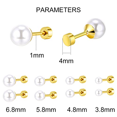 4 Pairs Titanium Screw Flat Back Creative Pearl Stud Earrings Set For Sensitive Ears, Hypoallergenic Surgical Stainless Steel Round Earrings Pack For Women Girls #TOP5