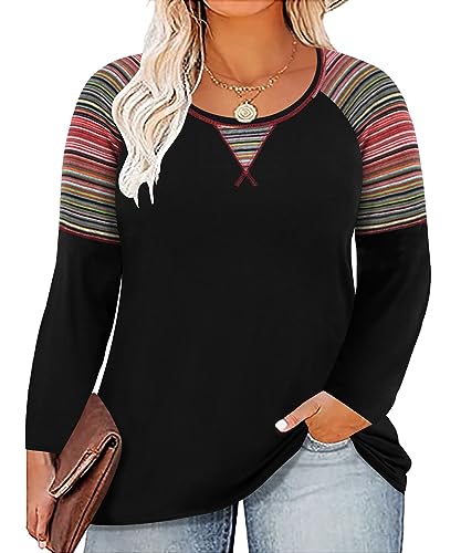 Image of CARCOS Plus Size Tops for Women Color Block Flower /Striped /Camo Crew Neck Long Sleeve Tee Shirt