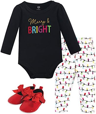 Hudson Baby Unisex Baby Cotton Bodysuit, Pant and Shoe Set, Merry & Bright, 12-18 Months