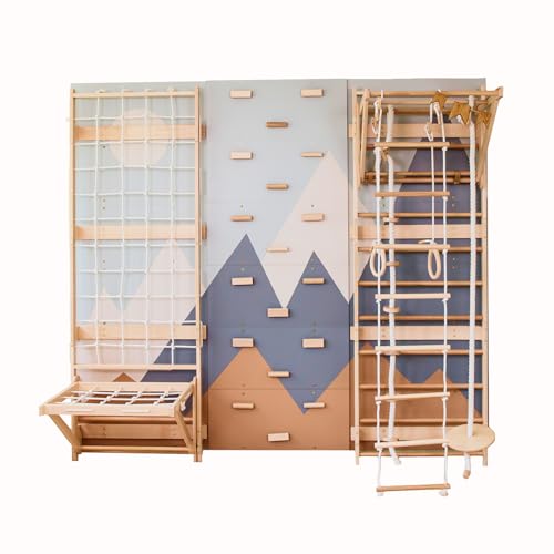 Wood And Hearts 8in1 Modular Swedish Wall Gym Set for Kids Indoor Active Play – Adjustable Pull-Up Bar, Rock Climbing Wall, Rope Accessories & Decorative Panels (Base Set+Rope Accessories+Sit-Up Bar)