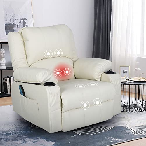 Massage Recliner Chair Leather Glider Rocking Chair With Heating,360 Degree Swivel Single Sofa With 2 Cup Holders & Side Pockets For Nursery Living Room Bedroom And Home Theater,Pu Leather Cream #TOP5