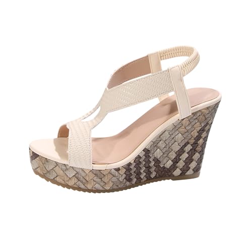 Sandales femme bout rond en polyuréthane beige nu-pieds compensés