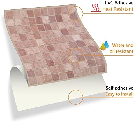 WALPLUS 24pcs 15x15cm Vintage Pink Marble Mosaic Wall Tile Sticker Set Light Peel and Stick Backsplash Decals Home Decors Splashback for Kitchen Bathroom Tiles Paint Stick on Wall Living Room Bedroom