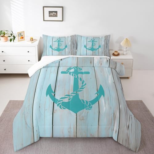 Anchor Printed Comforter Set for Teens Vintage Wood Planks Bedding Set Nautical Theme Bedding Home Decor for Kids Comforter Twin Size 2 Pcs Anchor Quilted Duvet Set 1 Comforter with 1 Pillowcase