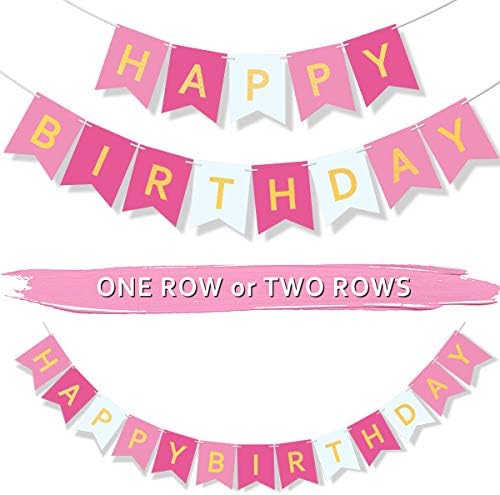 Pudiman Happy Birthday Banner Pink Garland Birthday Bunting Sign with 12 Latex Balloons for Women Girls Boys Birthday Party Decorations Supplies