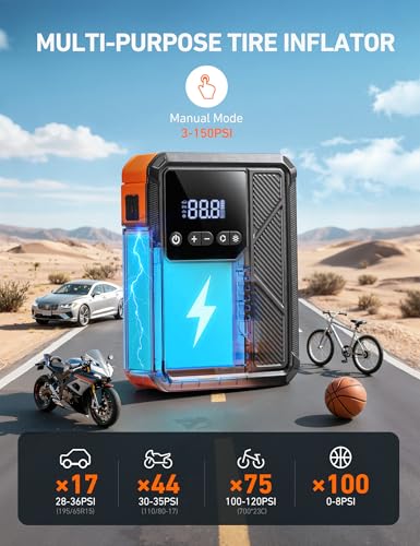 Image of AstroAI Beta822 3000A Jump Starter with Air Compressor, 150PSI Portable Tire Inflator with Auto-Shutoff, 12V Car Battery Booster (9.0 Gas /7.0L Diesel) with LED Light and Jumper Cables, Black