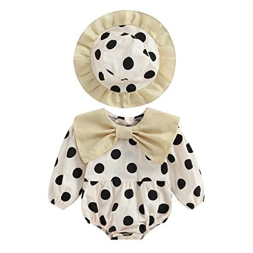 Image of Imcute Baby Clothes for Girls Cute Polka Dots Long Sleeve Romper Bowknot Newborn Girl Fall Outfit with Hat 0-24 Months